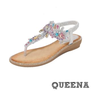 【QUEENA】坡跟涼鞋 夾腳涼鞋/華麗彩色寶石民族風坡跟夾腳涼鞋(銀)