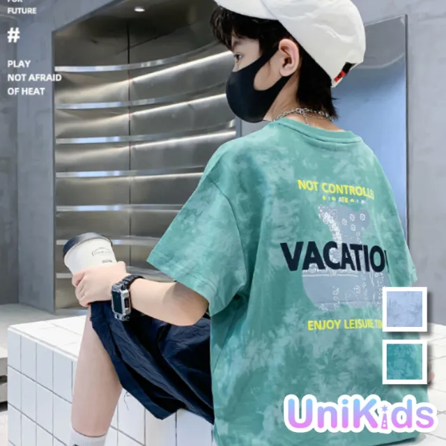 【UniKids】中大童裝短袖T恤 紮染噴印上衣 男大童裝 VPSBE-T78(白 綠)