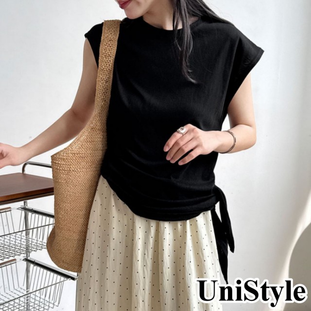 【UniStyle】系帶短袖T恤 韓版修身不規則下襬上衣  女 UV2626(黑)