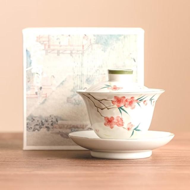 陶瓷手繪桃花帶蓋茶杯-附杯盤(禮盒裝 喝茶 茶盞 泡茶杯 茶具組 品茗杯 宮廷茶具 環保杯 禮品)