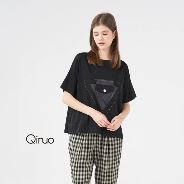 【Qiruo 奇若名品】精梳棉 前胸倒三角形黑色短袖上衣2016A