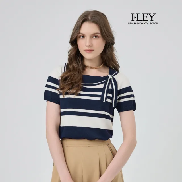 【ILEY 伊蕾】翻領撞色萊賽爾針織上衣(深藍;M-2L;1251455012)(其他規格)