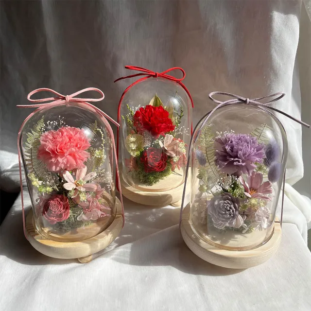 【OSTARA FLORIST 奧斯塔拉花藝】永生康乃馨玻璃罩-紅/紫/粉(永生花、康乃馨、母親節、女性長輩、居家布置)
