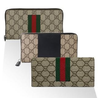 【GUCCI 古馳】經典GGLogo拼接皮革/織帶拉鍊對開長夾(款式任選)
