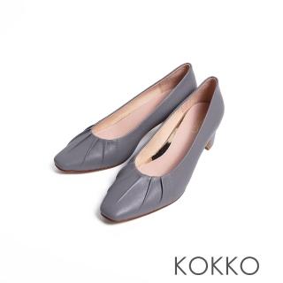 【KOKKO】氣質抓皺柔軟綿羊皮微寬楦粗跟包鞋(藍色)