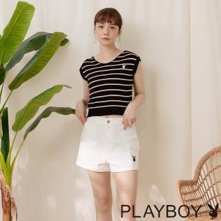 【PLAYBOY】冰絲短版針織條紋上衣(黑色)