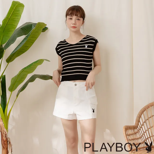 【PLAYBOY】冰絲短版針織條紋上衣(黑色)