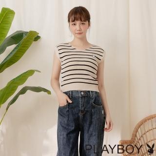 【PLAYBOY】冰絲短版針織條紋上衣(白色)