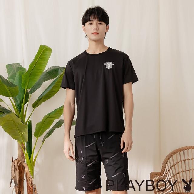 【PLAYBOY】涼感暗紋繡花圓領上衣(黑色)