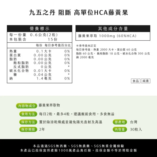 【JIU WU DAN 九五之丹】阻斷．1000毫克 高單位60%HCA藤黃果 4包120粒(市售超高劑量1000毫克藤黃果)