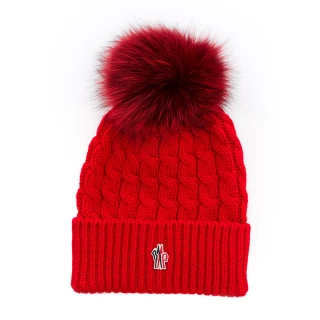 【MONCLER】絨球logo羊毛冷帽(紅)