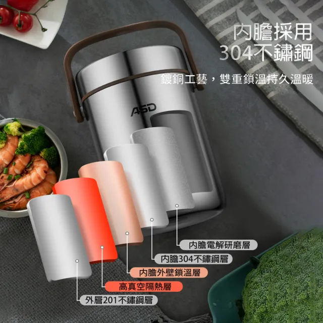 【ASD 愛仕達】不鏽鋼真空保溫提鍋(2.0L)