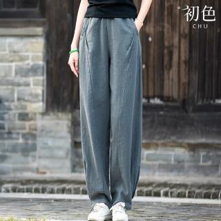 【初色】棉麻復古抓褶寬鬆直筒休閒燈籠褲寬褲長褲-共4色-11756(M-2XL可選)