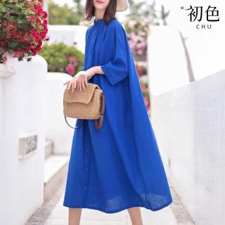 【初色】亞麻休閒小立領寬鬆七分長袖排扣襯衫連衣裙連身洋裝長洋裝-共2色-11813(M-2XL可選)