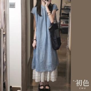 【初色】立領復古旗袍風寬鬆顯瘦短袖氣質連身中長裙洋裝連衣裙長裙-藍色-11798(M-2XL可選)