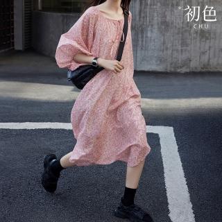 【初色】碎花印花圓領五分袖長袖寬鬆輕薄透氣中長裙連衣裙連身洋裝長裙-粉色-11802(L-2XL可選)