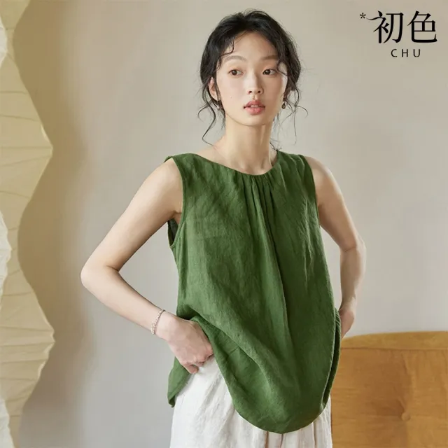 【初色】復古風亞麻寬鬆顯瘦無袖背釦開衩背心上衣女上衣-綠色-11824(M-2XL可選)