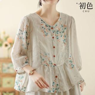 【初色】復古文藝碎花寬鬆翻領長袖襯衫上衣女上衣-米白色-11838(M-2XL可選)