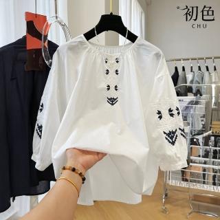 【初色】民族風刺繡圓領七分袖寬鬆襯衫上衣女上衣-共2色-11736(M-XL可選)
