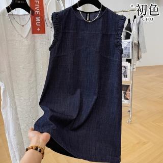 【初色】輕奢感復古拼接寬鬆休閒圓領無袖牛仔連衣裙連身洋裝長洋裝-深藍色-11854(M-2XL可選)