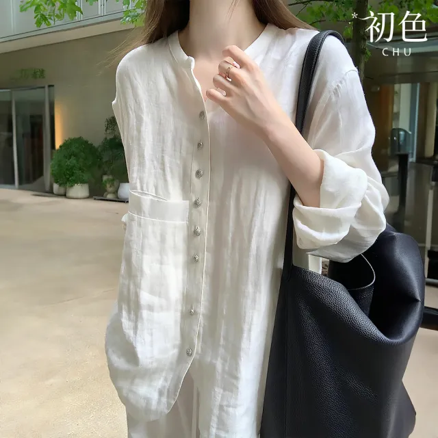【初色】復古中式禪意風薄款寬鬆純色單排銀扣圓領長袖防曬襯衫外套女外套-白色-11826(M-2XL可選)