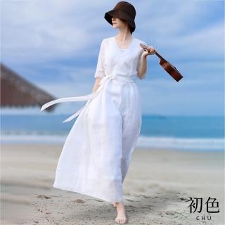 【初色】V領休閒棉麻風系帶收腰顯瘦五分袖連身洋裝+素色細肩吊帶裙套裝-白色-11781(M-2XL可選)