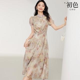 【初色】睡蓮印花盤扣立領短袖修身輕薄改良式旗袍連身洋裝-花色-11672(M-2XL可選)