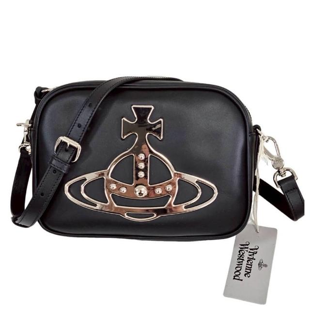 【Vivienne Westwood】Anna 滑面皮革星球Logo斜背相機包/黑(贈原廠紙袋防塵袋/送禮)