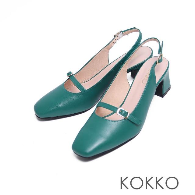 【KOKKO】復古柔美方頭後拉帶低跟包鞋(綠色)