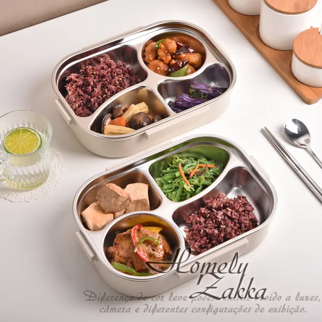 【Homely Zakka】可微波超大容量不鏽鋼分隔保溫便當盒四格 附餐具+湯碗 1入組(微波爐加熱  減脂便當盒)