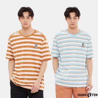 【Hang Ten】男裝-舒爽棉吸濕快乾加州熊刺繡撞色條紋短袖T恤(多色選)