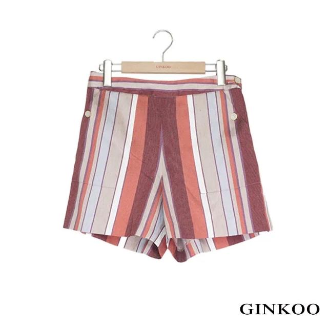 【GINKOO 俊克】多色條紋釦飾短褲