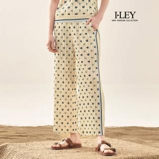 【ILEY 伊蕾】壓摺品牌印花直筒長褲(杏；M-XL；1252366618)