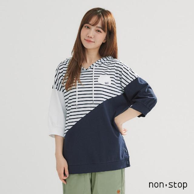 【non-stop】幾何拼接跳色條紋連帽T恤-2色