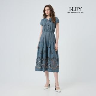 【ILEY 伊蕾】縷空花朵刺繡純棉洋裝(藍；M-XL；1252027103)