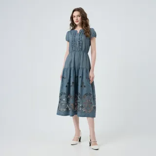 【ILEY 伊蕾】縷空花朵刺繡純棉洋裝(藍；M-XL；1252027103)