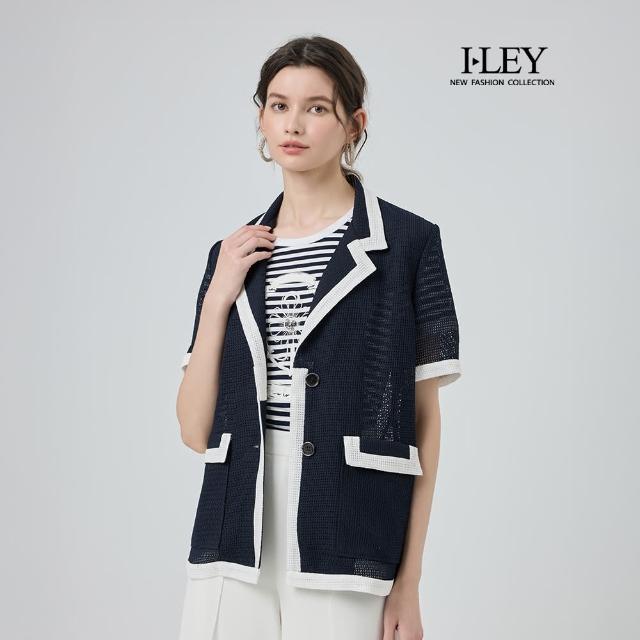 【ILEY 伊蕾】貴氣網格海軍滾白邊西裝外套(深藍；M-XL；1252544708)