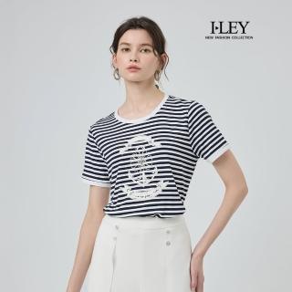 【ILEY 伊蕾】海軍風船錨印花縲縈短袖上衣(深藍；M-XL；1252501207)