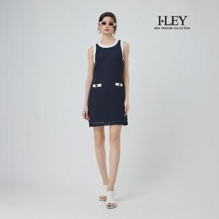 【ILEY 伊蕾】貴氣網格海軍風滾白邊短洋裝(深藍；M-XL；1252547508)
