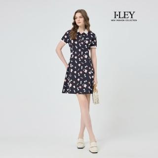 【ILEY 伊蕾】POLO領縲縈印花洋裝(深藍；M-2L；1252367009)