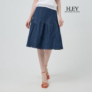 【ILEY 伊蕾】彈性織帶拼接棉質及膝牛仔裙(深藍；M-XL；1252338204)