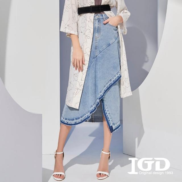 【IGD 英格麗】網路獨賣款-丹寧不對稱立體荷葉波浪牛仔裙(藍色)
