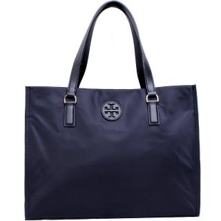 【TORY BURCH】ELLA縫線皮革LOGO尼龍釦飾手提包(海軍藍)