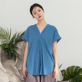 【MOSS CLUB】交叉V領設計連袖短袖上衣(藍 綠)