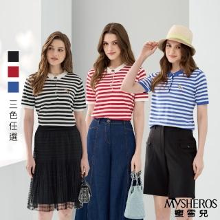 【MYSHEROS 蜜雪兒】造型針織上衣 條紋卡通刺繡 翻領半排釦POLO設計(三色任選)
