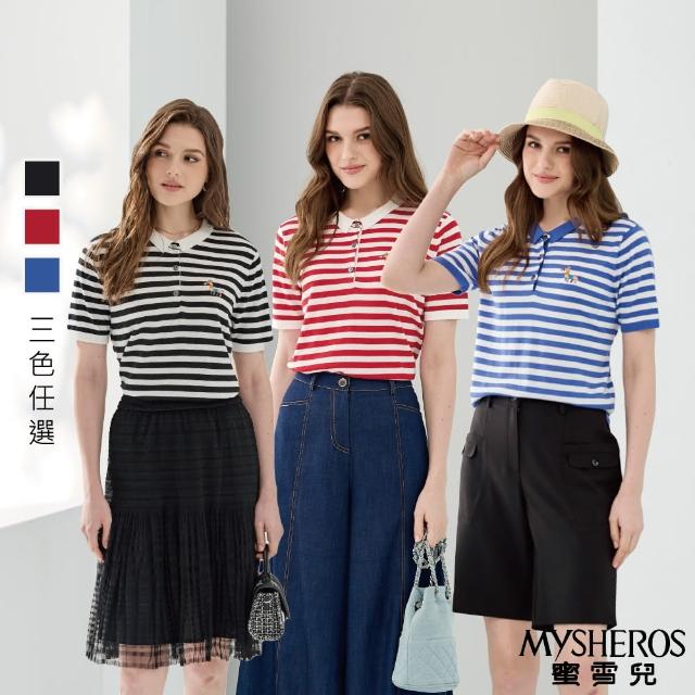 【MYSHEROS 蜜雪兒】造型針織上衣 條紋卡通刺繡 翻領半排釦POLO設計(三色任選)