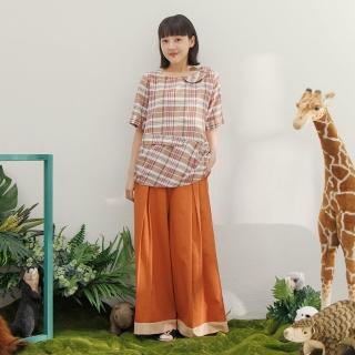 【MOSS CLUB】棉麻打褶下襬配色剪接長寬褲(綠 桔)