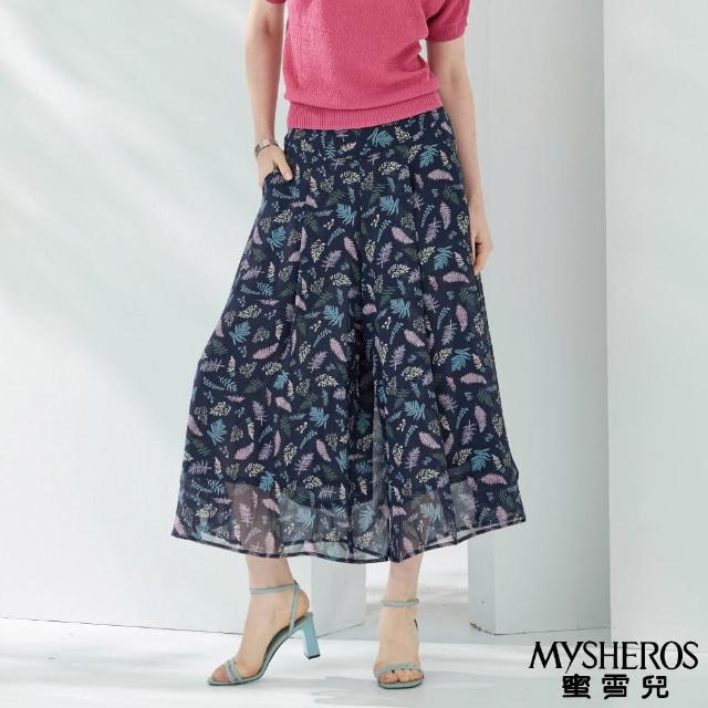 【MYSHEROS 蜜雪兒】造型雪紡褲裙 鬆緊腰頭設計 滿版樹葉碎花(藍)