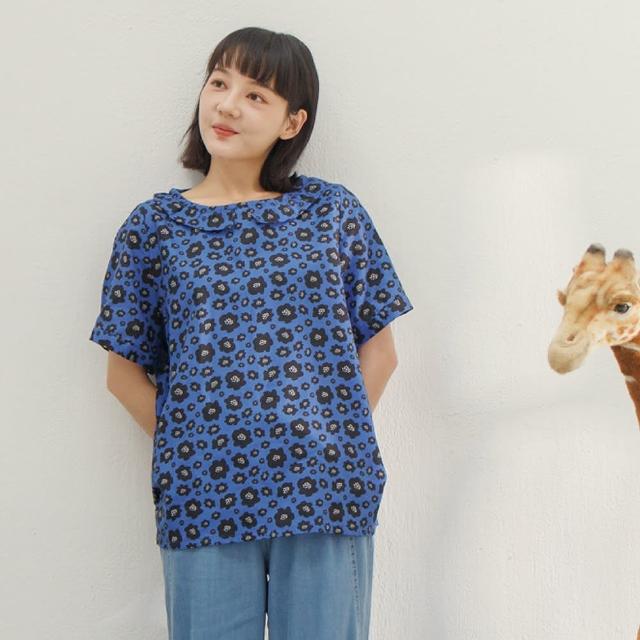 【MOSS CLUB】花朵布花荷葉領短袖上衣(藍 咖/魅力商品)