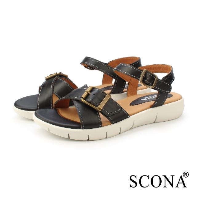 【SCONA 蘇格南】真皮 簡約舒適交叉涼鞋(黑色 31265-1)